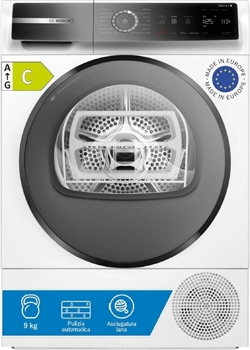 Bosch WQB245B0IT Asciugatrice a pompa di calore, Serie 8, 9 kg, Classe Energetica A+++, Bianco-