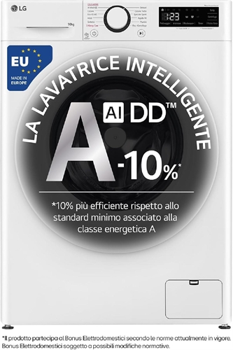 LG AI DD F4R3010NSWW Lavatrice Classe A -10%, Carica Frontale Serie R3, Lavatrice 10kg, 1400 giri, AIWash, Lavaggio a vapore, Motore Direct Drive, Smart Diagnosis, Libera installazione, Bianca