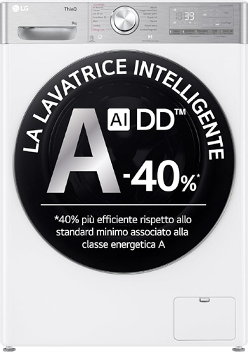LG AI DD F4R9009TPWC Lavatrice Classe A -40%, Carica Frontale Serie R9, Lavatrice 9kg, 1400 giri, AI Wash, TurboWash 360, Lavaggio a Vapore con antipiega, Wi-F