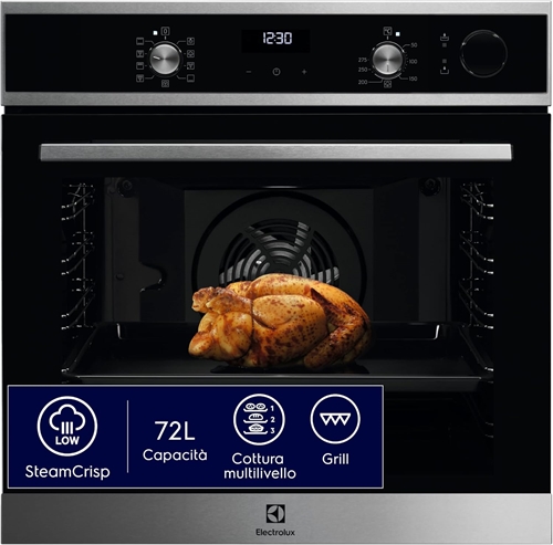 Electrolux LOC5H40X2 Forno da Incasso Serie 600 SteamCrisp, 72 L, Multifunzione con Cottura a Vapore, Classe A, Pulizia AquaClean, Display LED
