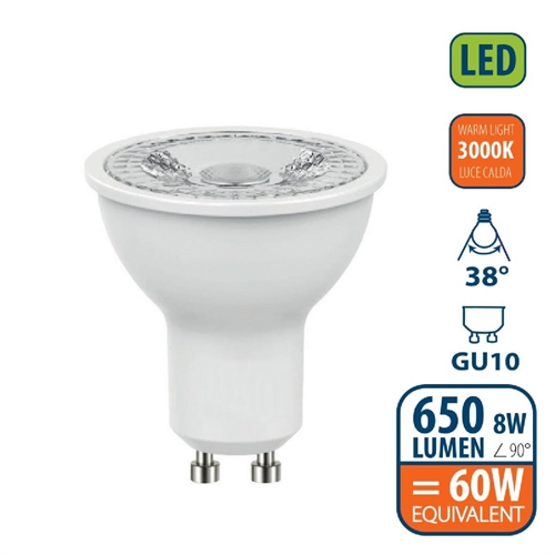 Velamp LB158-30K Lampadina LED SMD, attacco Spot GU10, 230 V, 8 W/650 lm, 3000 K, fascio luminoso 38 gradi ( Scatola da 200 Faretti )
