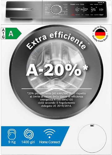Bosch WGB24400IT Serie 8 Lavatrice smart a carica frontale, 9 kg, 1400 giri, Efficienza energetica A -20%, motore inverter con 10 anni di garanzia, riduce le pieghe