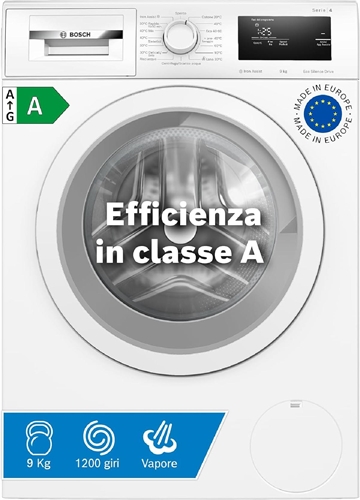 Bosch WAN24009II Serie 4 Lavatrice a carica frontale, 9 kg, 1200 giri, Classe energetica A, motore inverter con 10 anni di garanzia, riduce le pieghe e facilita la stiratura