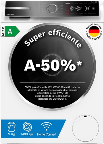 Bosch WGB24402IT Serie 8 Lavatrice smart a carica frontale, 9 kg, 1400 giri, Efficienza energetica A -50%, motore inverter con 10 anni di garanzia, riduce le pieghe
