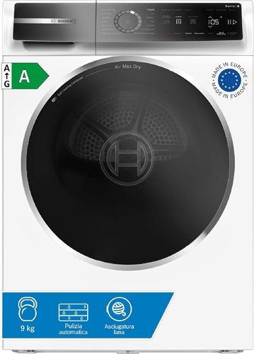 Bosch WRB247C0IT Serie 8 Asciugatrice smart a pompa di calore, 9 kg, Classe energetica A, Condensatore autopulente, Sensori di asciugatura intelligenti