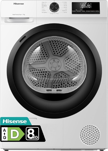 Hisense DHQE800BW2 Asciugatrice A Pompa Di Calore, 8 Kg, Classe D, Oblò Nero, Big Display, 16 programmi, Refresh