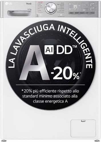 LG AI DD D4R9513TPWC Lavasciuga 13/7kg, Serie R9, Classe D, Lavatrice Asciugatrice, 1400 Giri, TurboWash 360, Vapore Steam+ e Antipiega, Autodosaggio, Wi-Fi