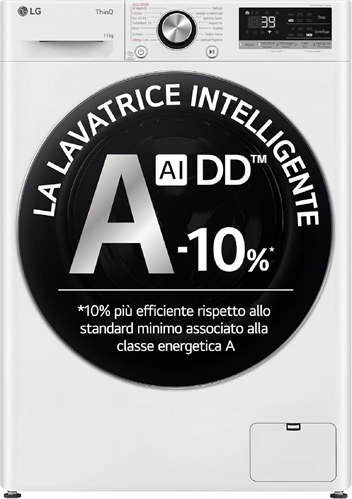 LG AI DD F4R7011TSWC Lavatrice Classe A -10%, 11kg Serie R7, Carica Frontale, 1400 Giri, AI Wash, TurboWash 360, Lavaggio a Vapore, Wi-Fi, Oblò in Vetro Temperato